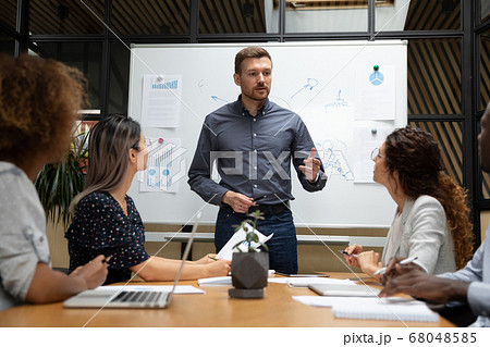 Confident businessman executive talk to employees during corporate briefing Confident businessman executive talk to employees during corporate briefing 68048585