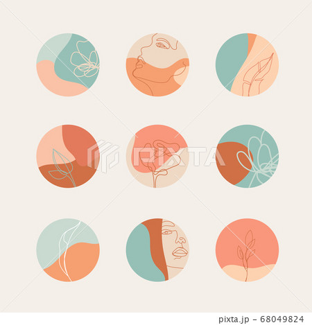 Set of pastel colors vector highlight covers. Abstract backgrounds, shapes, lines, spots, dots, doodle objects with linear flowers, woman faces. Round icons for social media stories 68049824