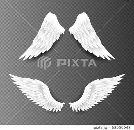 Pair of beautiful white angel wings isolated on transparent background, 3D realistic vector illustration. Spirituality and freedom Pair of beautiful white angel wings isolated on transparent background, 3D realistic vector illustration. Spirituality and freedom 68050048