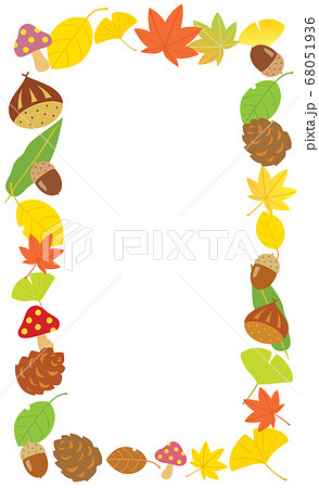 秋の栗やドングリとイチョウや紅葉の縦フレームのイラスト素材