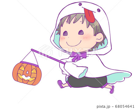 ジャックオランタンを持って歩くハロウィン仮装の男の子 ゴーストのイラスト素材