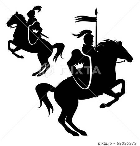 medieval king knight riding rearing up horse black vector silhouette 68055575