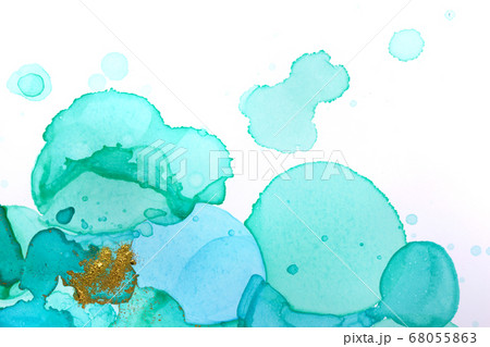 Abstract watercolor transparent drops background. Green, blue and golden glitter texture. 68055863