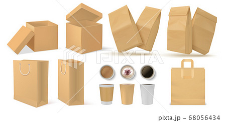 Realistic fast food pack. 3D paper snack and drinks packaging mock up set for branding design. Vector food and coffee containers set 68056434