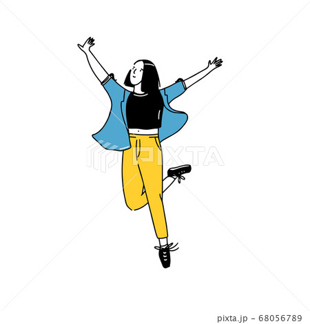 Happy young woman with raised hands, jumping on one leg. Cartoon female student vector doodle illustration. Carefree character. Happy young woman with raised hands, jumping on one leg. Cartoon female student vector doodle illustration. Carefree character. 68056789