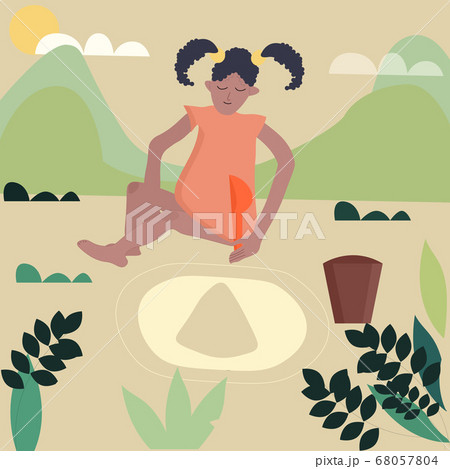 Cute little african american girl playing in the sand, child plays on the beach, happy kids outdoors on summer vacation vector illustration 68057804