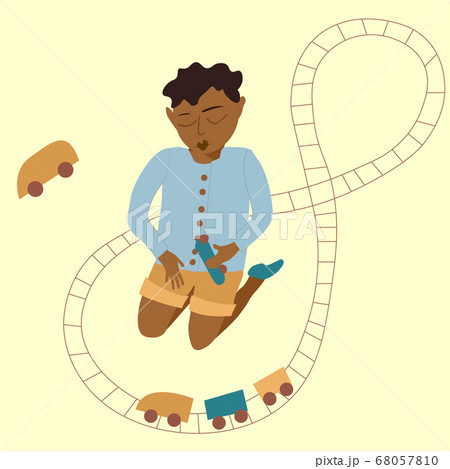 African american boy and toy train. A boy is playing with a train. Vector illustration eps 10 isolated on white background. 68057810