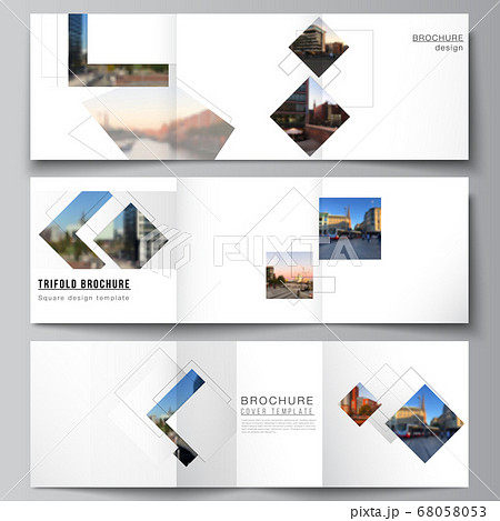 Vector layout of square format covers design templates with geometric simple shapes, lines and photo place for trifold brochure, flyer, magazine, cover design, book, brochure cover. 68058053