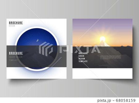 The minimal vector layout of two square format covers design templates for brochure, flyer, magazine. Mountain illustration, outdoor adventure. Travel concept background. Flat design vector. 68058159