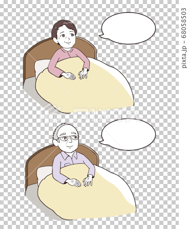 ベッドに座る高齢者 吹き出し付き のイラスト素材