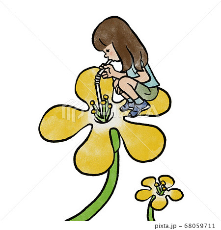 花の蜜をストローで飲む女の子のイラスト素材