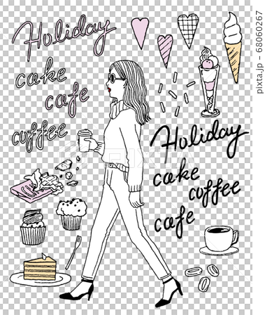【手書き風】スイーツと歩く女性の挿絵イラスト 【手書き風】スイーツと歩く女性の挿絵イラスト 68060267