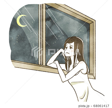 夜に窓の外を眺める女性のイラスト素材