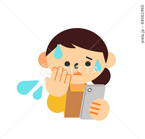 人物 女性 エプロン スマートフォン 上半身 焦りのイラスト素材