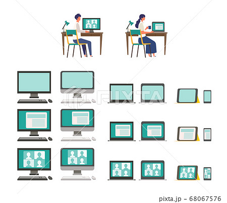 デスクトップパソコン、ノートパソコン、タブレット　マルチデバイスイラストセット【ビジネス】【ベクター 68067576
