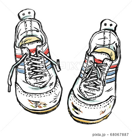 履き古した昭和スタイルの運動靴 版画風のイラスト素材