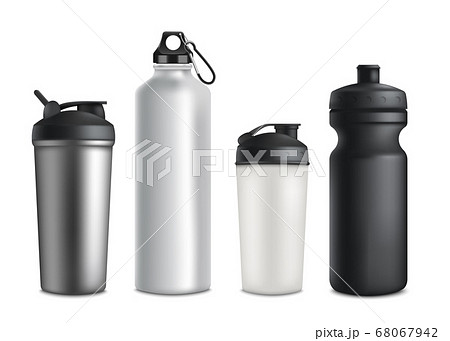 Sport or touristic water bottles and cups 3d vector mockup illustration isolated. 68067942