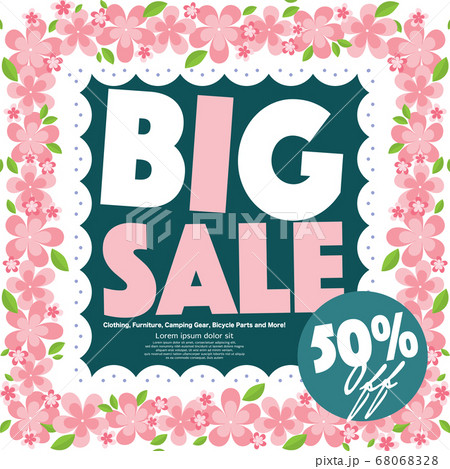 Big Sale 50 Percent Pink Flower Frame Poster Vector Illustration. Big Sale 50 Percent Pink Flower Frame Poster Vector Illustration. 68068328