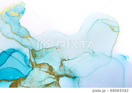 Alcohol ink blue abstract background. Ocean style watercolor texture. Blue and gold paint stains illustration 68069382