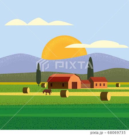 Rural farm landscape field country house, cows. Summer hills sunset farmland. Vector illustration trendy style noise shadow vector Rural farm landscape field country house, cows. Summer hills sunset farmland. Vector illustration trendy style noise shadow vector 68069735
