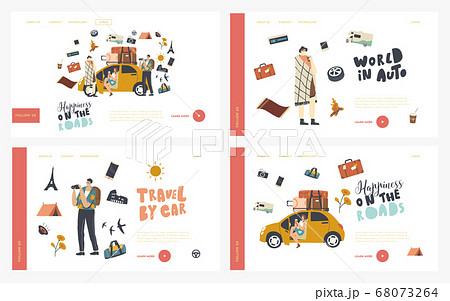 Car Travel Landing Page Template Set. Friends with Luggage Traveling by Automobile. Characters Enjoy Auto Tourism, Trip 68073264