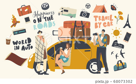 Car Travel Concept. Friends Company with Camping Stuff and Luggage Traveling by Automobile.Characters Enjoy Auto Tourism 68073302