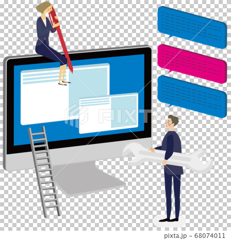 パソコンの上に乗る女性と工具を持つ男性とセリフ 68074011
