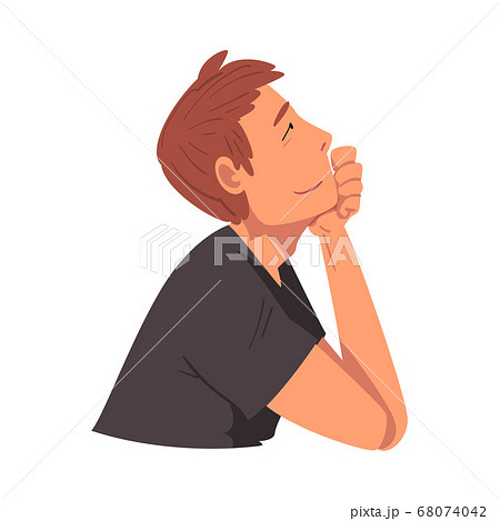 Side View of Thoughtful Relaxed Man, Guy Dreaming about Something, Male Person Sitting Supporting his Head by Hand and Looking up Vector Illustration 68074042