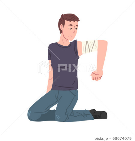 Young Man Sitting on his Knees with Bandaging Injured Arm, First Aid Conept Vector Illustration on White Background. Young Man Sitting on his Knees with Bandaging Injured Arm, First Aid Conept Vector Illustration on White Background. 68074079