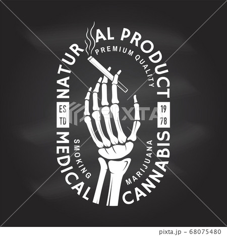 Medical cannabis badge, label with skeleton hand, smoking marijuana Vector. Vintage typography logo design with cannabis, skeleton hand silhouette For weed shop, cannabis, marijuana delivery service Medical cannabis badge, label with skeleton hand, smoking marijuana Vector. Vintage typography logo design with cannabis, skeleton hand silhouette For weed shop, cannabis, marijuana delivery service 68075480