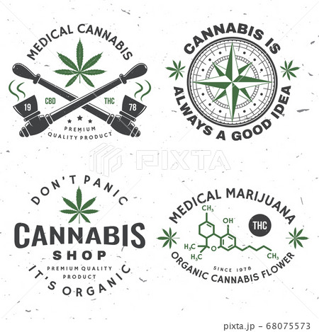 Set of medical cannabis badge, label with cannabis leaf, marijuana pipe Vector Vintage typography logo design with cannabis leaf, marijuana pipe silhouette For weed shop, marijuana delivery service 68075573