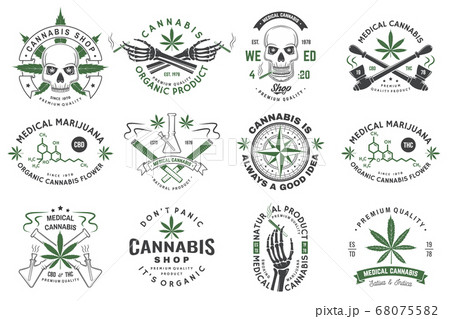 Set of medical cannabis badge, label with skull, skeleton hand, smoking marijuana. Vector Vintage typography logo design with cannabis, skeleton hand silhouette For weed shop, marijuana delivery 68075582