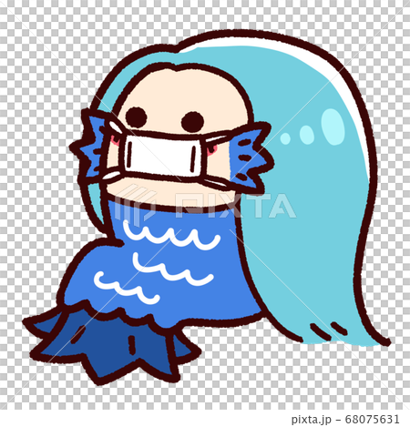 マスクをして座っているアマビエ 青のイラスト素材 マスクをして座っているアマビエ 青のイラスト素材