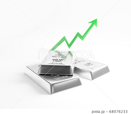 Close up view of Silver bars or ingots in bank with an increasing statistic graphic, isolated on white Background. Precious metal.3D illustration. Close up view of Silver bars or ingots in bank with an increasing statistic graphic, isolated on white Background. Precious metal.3D illustration. 68076233