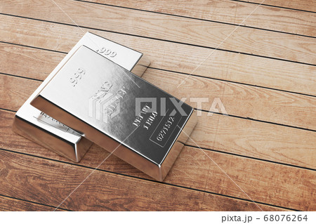 3D illustration Close up view of fine Silver bars or ingots wooden desk background. Precious metal. 3D illustration Close up view of fine Silver bars or ingots wooden desk background. Precious metal. 68076264