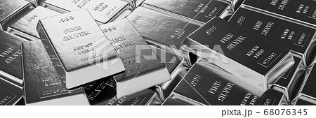 Close up view of Silver bars or ingots in bank vault background. Precious metal.3D illustration Close up view of Silver bars or ingots in bank vault background. Precious metal.3D illustration 68076345