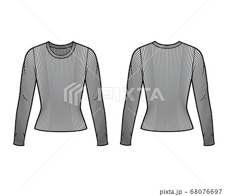 Ribbed crew neck knit sweater technical fashion illustration with long sleeves, close-fitting shape. Ribbed crew neck knit sweater technical fashion illustration with long sleeves, close-fitting shape. 68076697