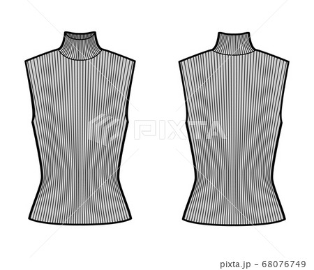 Turtleneck rib sweater technical fashion illustration with fitted body, sleeveless jumper.  68076749