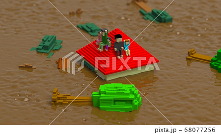 河川氾濫 家水没 救助待ち 水害 災害 CG 68077256