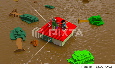 河川氾濫 家水没 救助待ち 水害 災害 CG 68077258