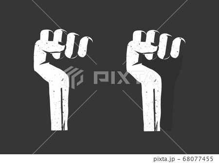 Revolution hand fist up as freedom power vector flat, propaganda rebel protest sign, radical strike concept, victory fight punch cartoon grunge black and white illustration, rights conflict aggressive 68077455