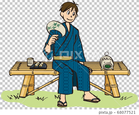 イラスト 手描き ビジネス 男性 浴衣 縁側 夏 風情 蚊取り線香のイラスト素材