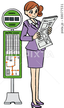 イラスト 手描き ビジネス 女性 ビジネス バス停 新聞読むのイラスト素材