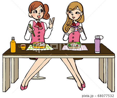 イラスト 手描き ビジネス 女性 職場 ランチ 昼食 お弁当のイラスト素材