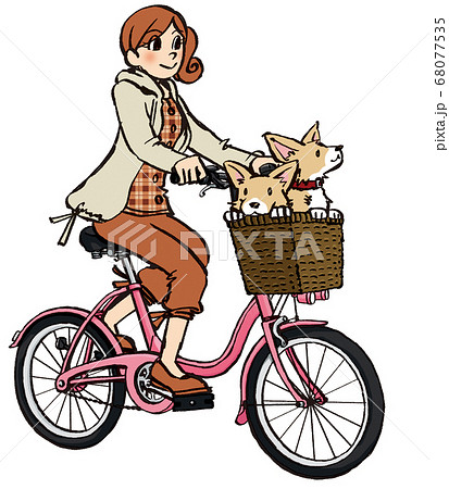 イラスト 手描き ビジネス 女性 サイクリング 自転車 犬のイラスト素材