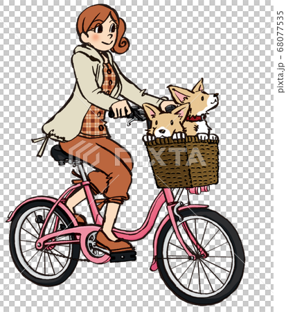 イラスト 手描き ビジネス 女性 サイクリング 自転車 犬のイラスト素材