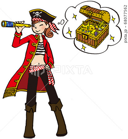 イラスト 手描き ビジネス 女性 海賊 コスプレ 船長 財宝 発見のイラスト素材