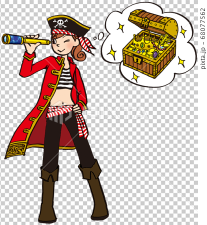 イラスト 手描き ビジネス 女性 海賊 コスプレ 船長 財宝 発見のイラスト素材