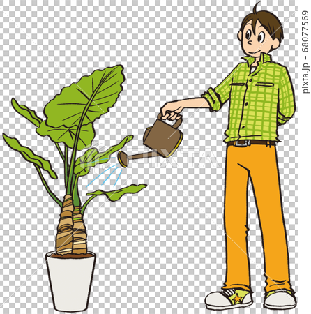 イラスト 手描き ビジネス 男性 家庭菜園 プランター 植物のイラスト素材