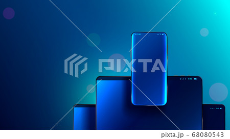 Phone front view no frame hanging over screen tablet and laptop. Mock up cellphone for ui ux design app. Mockup realistic beautiful smartphone with glass touch screen. Background of mobile technology 68080543